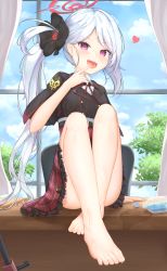 Rule 34 | 1girl, absurdres, barefoot, blue archive, blush, bottle, feet, finger to mouth, halo, highres, long hair, looking at viewer, mutsuki (blue archive), open mouth, pink eyes, pointy ears, side ponytail, silver hair, sitting, toes, water bottle, window