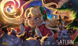 Rule 34 | 1girl, absurdres, alternate hairstyle, aurelion sol, bell, blonde hair, blue eyes, blurry, bow, capelet, character name, christmas, christmas ornaments, christmas tree, depth of field, english text, eyelashes, fireplace, green skirt, hair ornament, hand on own cheek, hand on own face, heterochromia, highres, horns, indoors, jingle bell, league of legends, lips, long hair, long sleeves, lying, magic, on stomach, pink lips, pleated skirt, poro (league of legends), purple eyes, red bow, saturn (satscarlet), skirt, sky, smile, star (sky), starry sky, swept bangs, text focus, thighhighs, very long hair, zoe (league of legends)
