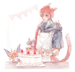 Rule 34 | blush, braid, cake, cat tail, cloak, crystal exarch, feo ul, final fantasy, final fantasy xiv, food, fruit, g&#039;raha tia, garland (decoration), highres, hood, hood down, hooded cloak, material growth, open mouth, red eyes, red hair, strawberry, strawberry shortcake, tail, tail raised, tladpwl03, white background