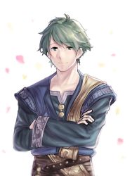 Rule 34 | 1boy, alm (fire emblem), alternate costume, bad id, bad pixiv id, crossed arms, fire emblem, fire emblem echoes: shadows of valentia, green eyes, green hair, male focus, nintendo, petals, simple background, solo, upper body, white background