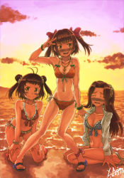 Rule 34 | 10s, 3girls, anchor, anklet, arimura yuu, beach, bikini, blush, bracelet, breasts, brown eyes, brown hair, cleavage, closed eyes, double bun, frilled bikini, frills, front-tie top, full-face blush, hair bun, highres, jewelry, jintsuu (kancolle), kantai collection, long hair, looking at viewer, multiple girls, naka (kancolle), navel, open clothes, open shirt, pendant, polka dot, polka dot bikini, polka dot swimsuit, ponytail, sandals, seiza, sendai (kancolle), shirt, shoes, short hair, side-tie bikini bottom, sitting, striped bikini, striped clothes, sunset, sweatdrop, swimsuit, toeless footwear, twintails, two side up