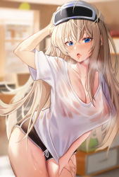 Rule 34 | 1girl, absurdres, bad id, bad pixiv id, bare hips, bent over, blonde hair, blue eyes, breasts, drawing, gym shorts, hand on own hip, head-mounted display, hell2 (ses0297), highres, large breasts, looking at viewer, novel, original, shirt, short shorts, shorts, skindentation, sweat, sweatdrop, t-shirt, thighs, tongue, tongue out, wet, wet clothes, wet shirt