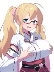 Rule 34 | 1girl, blonde hair, blue eyes, blush, breasts, commission, detached sleeves, fang, glasses, hair between eyes, hair ribbon, hands on own breasts, japanese clothes, large breasts, long hair, looking at viewer, miko, open mouth, original, pink ribbon, red-framed eyewear, ribbon, semi-rimless eyewear, shigatsu shizuki, sidelocks, simple background, skeb commission, skin fang, solo, upper body, white background, wide sleeves
