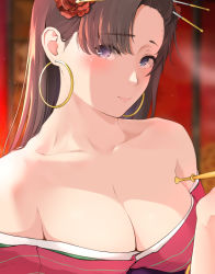 Rule 34 | 1girl, bad id, bad pixiv id, bare shoulders, blue eyes, blurry, blush, breasts, brown hair, cleavage, closed mouth, collarbone, depth of field, earrings, fate/grand order, fate (series), flower, hair flower, hair ornament, hair stick, hand up, hoop earrings, indoors, japanese clothes, jewelry, kimono, large breasts, long hair, looking at viewer, mata hari (fate), nobu kuro, off shoulder, pink kimono, red flower, revealing clothes, rose, smile, smoking, solo, upper body