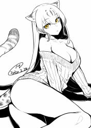 Rule 34 | 1girl, animal ear fluff, animal ears, ass, bare shoulders, breasts, cheetah (kemono friends), cheetah ears, cheetah tail, collarbone, commentary, dated, extra ears, greyscale, hair between eyes, happa (cloverppd), highres, kemono friends, long hair, looking at viewer, medium breasts, monochrome, off-shoulder sweater, off shoulder, ribbed sweater, signature, solo, spot color, sweater, yellow eyes