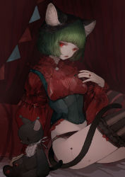 Rule 34 | 1girl, animal ear fluff, animal ears, black corset, black panties, black thighhighs, bob cut, cat ears, cat girl, cat tail, commentary, corset, curtains, cushion, expressionless, feet out of frame, frilled shirt, frilled thighhighs, frills, from side, green hair, hand on own chest, hand up, highres, jewelry, knees up, leg tattoo, long sleeves, looking at viewer, myu (valis), nail polish, nekosuke (oxo), panties, puffy long sleeves, puffy sleeves, red eyes, red nails, red shirt, ring, shirt, short hair, sitting, solo, stuffed animal, stuffed cat, stuffed toy, tail, tattoo, thighhighs, underwear, valis (sinsekai)
