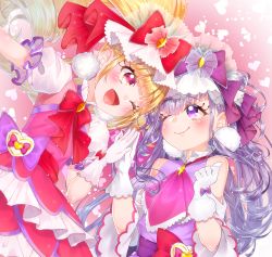 Rule 34 | 10s, 2girls, ;d, aisaki emiru, blonde hair, blush, bow, closed mouth, cure amour, cure macherie, dress, eye contact, gloves, heart, heart background, highres, hugtto! precure, layered dress, long hair, looking at another, magical girl, multiple girls, one eye closed, open mouth, pink background, pom pom (clothes), precure, purple eyes, purple hair, red bow, red eyes, ruru amour, smile, upper body, white gloves, yupiteru