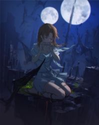 Rule 34 | 1girl, barefoot, black wings, blurry, blurry background, blush, brown hair, collarbone, copyright request, depth of field, dress, dutch angle, closed eyes, facing viewer, full moon, hands up, holding, holding instrument, instrument, long hair, moon, multiple moons, music, night, night sky, playing instrument, seiza, sitting, sketch, sky, solo, swd3e2, white dress, wings