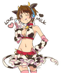 Rule 34 | 10s, 1girl, :p, animal ears, animal print, bad id, bad pixiv id, bell, bottle, breasts, brown eyes, brown hair, cleavage, collar, cow ears, cow horns, cow print, cow tail, cowbell, detached sleeves, elbow gloves, gloves, hand on own hip, headset, highres, hip focus, horns, idolmaster, idolmaster cinderella girls, large breasts, milk, navel, neck bell, nekoyanagi moyo, oikawa shizuku, one eye closed, pink legwear, short hair, simple background, solo, tail, tongue, tongue out, white background, wink