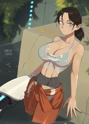 Rule 34 | 1girl, aperture science handheld portal device, barleyshake, black hair, bra, breasts, chell, cleavage, cowboy shot, grass, grey bra, grey eyes, highres, large breasts, leaf, linea alba, looking at viewer, navel, orange pants, pants, partially submerged, plant, ponytail, portal (series), see-through, see-through shirt, shirt, short hair, solo, tank top, underwear, wet, wet clothes, wet shirt, white tank top