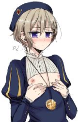 Rule 34 | 1boy, ahoge, aina123, axis powers hetalia, blonde hair, blush, flashing, hat, jewelry, male focus, necklace, nipples, norway (hetalia), puffy sleeves, purple eyes, simple background, solo, trap, upper body, white background