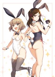 Rule 34 | 10s, 2girls, :d, animal ears, ass, bare shoulders, black legwear, black leotard, blue eyes, bow, bowtie, breasts, brown hair, cleavage, closed mouth, detached collar, digital camera, fake animal ears, fang, girls und panzer, hairband, hand on own hip, hand up, high heels, highres, icomochi, katyusha (girls und panzer), large breasts, leotard, long hair, looking at viewer, looking back, multicolored eyes, multiple girls, nonna (girls und panzer), open mouth, parted bangs, playboy bunny, rabbit ears, rabbit tail, short hair, shoulder blades, sideboob, simple background, small breasts, smile, sparkle, standing, standing on one leg, tail, thighhighs, white leotard, wrist cuffs