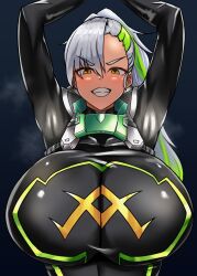 Rule 34 | 1girl, absurdres, armpits, arms up, asymmetrical bangs, asymmetrical hair, black bodysuit, blush, bodysuit, breasts, clover ace, dot nose, evil smile, eyelashes, female focus, forehead, green hair, grey hair, grin, haihm108, highres, huge breasts, last origin, looking at viewer, multicolored hair, ponytail, shiny clothes, shiny skin, skin tight, smile, solo, steam, steaming body, two-tone hair, upper body, yellow eyes