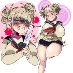 Rule 34 | 2girls, blonde hair, blush, boku no hero academia, breasts, fang, fangs, fangs out, fionnabunny, knife, large breasts, looking at viewer, multiple girls, school uniform, self-upload, sharp teeth, simple background, skirt, smile, sparkle, teeth, thighs, toga himiko, twintails, yandere, yellow eyes