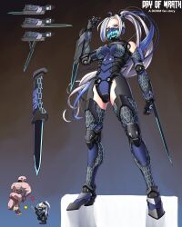 Rule 34 | 1girl, absurdres, android, arm blade, armor, bare shoulders, black armor, blue armor, blue eyes, blue hair, chibi, chibi inset, combat knife, cyberpunk, cyborg, day of wrath (infinitypilot), demon, doom (series), doom eternal, dual wielding, energy blade, energy weapon, fangs, futuristic weapon, glowing, glowing eyes, glowing weapon, gluteal fold, half mask, hell knight, hexagon print, highres, holding, joints, kanchou, knife, long hair, mask, mechanical arms, mechanical legs, mouth mask, multicolored hair, ninja, oni, oni mask, ponytail, robot girl, robot joints, science fiction, substance20, very long hair, weapon, white hair