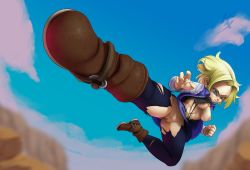 Rule 34 | 1girl, android 18, artist name, belt, black shirt, blonde hair, blue eyes, blue jacket, blue leggings, blue skirt, blue sky, blurry, blurry background, bob cut, boots, breasts, brown footwear, buttons, clenched hand, clitoris, closed mouth, cloud, day, dragon ball, dragonball z, female focus, forehead, foreshortening, full body, hair intakes, hexanne, highres, jacket, jpeg artifacts, jumping, kicking, leg up, leggings, long sleeves, looking at viewer, medium breasts, midair, miniskirt, navel, nipples, no bra, no panties, open clothes, open jacket, outdoors, pencil skirt, pussy, raglan sleeves, shirt, short hair, sidelocks, signature, skindentation, skirt, sky, solo, spread legs, torn clothes, torn jacket, torn legwear, torn shirt, uncensored, v-shaped eyebrows, white sleeves