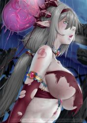 Rule 34 | 1girl, armlet, bdsm, black hair, breasts, collar, elf, hairband, highres, jewelry, large breasts, living headwear, long hair, mind control, parasite, pointy ears, rain, slave, slave tattoo, tattoo, torn clothes, wet, white eyes, yakou (4507770)