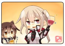 Rule 34 | 2girls, alcohol, anchor, black gloves, blonde hair, brown eyes, brown hair, capelet, celtic knot, commentary request, cross, cup, drinking, drinking glass, drinking straw, glass, gloves, gradient background, graf zeppelin (kancolle), grey eyes, hair between eyes, iron cross, japanese clothes, juice, kaga (kancolle), kantai collection, long hair, military, military uniform, multiple girls, necktie, orange juice, side ponytail, sidelocks, taisa (kari), tasuki, twintails, uniform, upper body, wine, wine glass, yellow background