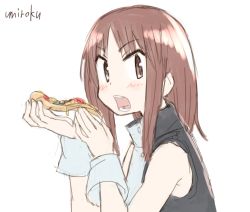 Rule 34 | 1girl, bare shoulders, black shirt, blush, brown eyes, brown hair, commentary request, food, hands up, holding, holding food, long hair, looking at viewer, okano kei, open mouth, parted bangs, pizza, pizza slice, shirt, signature, simple background, sleeveless, sleeveless shirt, solo, umiroku, v-shaped eyebrows, white background, wrist cuffs, yuyushiki