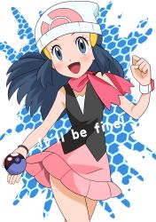 Rule 34 | 1girl, :d, beanie, black hair, blush, bracelet, clenched hand, commentary request, creatures (company), dawn (pokemon), eyelashes, floating hair, game freak, grey eyes, hainchu, hand up, hat, highres, holding, holding poke ball, jewelry, long hair, nintendo, open mouth, pink scarf, pink skirt, poke ball, pokemon, pokemon (anime), pokemon dppt (anime), poketch, scarf, shirt, skirt, sleeveless, sleeveless shirt, smile, solo, tongue, watch, white hat, wristwatch