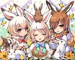 Rule 34 | 10s, 3girls, :d, ^ ^, animal, animal ears, animal on head, arctic hare (kemono friends), bad id, bad pixiv id, black gloves, blue bow, blue neckwear, bow, bowtie, brown eyes, brown hair, bug, butterfly, center frills, closed eyes, easter, egg, european hare (kemono friends), extra ears, flower, frills, fujimaru (green sparrow), fur-trimmed sleeves, fur collar, fur trim, gloves, hair over one eye, insect, kemono friends, long sleeves, looking at viewer, mountain hare (kemono friends), multiple girls, nest, on head, open mouth, orange eyes, pleated skirt, rabbit, rabbit ears, red bow, red neckwear, shirt, skirt, smile, star (symbol), straight hair, twitter username, white hair, white shirt, white skirt, yellow flower