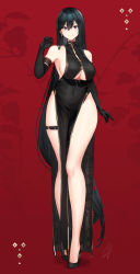Rule 34 | 1girl, bare shoulders, black gloves, black hair, blush, breasts, closed mouth, clothing cutout, elbow gloves, gloves, hair between eyes, hayabusa, highres, large breasts, long hair, looking at viewer, mole, mole on breast, mole under eye, original, pelvic curtain, purple eyes, red background, thigh strap, thighhighs, underboob cutout, very long hair