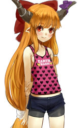 Rule 34 | 1girl, alternate costume, arms behind back, bike shorts, bike shorts under shorts, blush, bow, clothes writing, contemporary, fang, hair bow, highres, horn ornament, horn ribbon, horns, ibuki suika, long hair, looking at viewer, midriff, nishiuri, orange hair, petite, pointy ears, red eyes, ribbon, short shorts, shorts, simple background, smile, solo, tank top, touhou, very long hair, white background