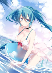 Rule 34 | 1girl, absurdres, bare arms, bare shoulders, bikini, black choker, blue eyes, blue hair, blue sky, breasts, chinese commentary, choker, cleavage, collarbone, commentary, day, earrings, floating hair, front-tie bikini top, front-tie top, hatsune miku, highres, inflatable orca, inflatable toy, jewelry, large breasts, leaning forward, long hair, looking at viewer, navel, ocean, outdoors, oywj, parted lips, revision, see-through, sidelocks, sky, solo, stomach, string bikini, summer, sun, sunlight, swimsuit, thighs, twintails, very long hair, vocaloid, wading, water, white bikini