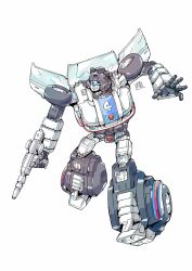 Rule 34 | autobot, clenched teeth, gun, highres, holding, holding gun, holding weapon, jazz (transformers), konachang, looking to the side, mecha, no humans, open hand, robot, science fiction, teeth, transformers, visor, weapon, white background