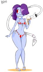 Rule 34 | 1girl, artist name, bigdead, bikini, blue skin, breasts, colored skin, food, full body, hair over one eye, high heels, ice cream, ice cream cone, leviathan (skullgirls), long hair, long legs, pigeon-toed, purple hair, red eyes, sandals, side-tie bikini bottom, side ponytail, simple background, skullgirls, small breasts, solo, squigly (skullgirls), standing, stitched mouth, stitches, swimsuit, toes, white background, wide hips, zombie