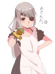 Rule 34 | 1girl, alternate hairstyle, apron, blush, dress, eyepatch, food, frilled dress, frills, infinite stratos, laura bodewig, long hair, looking at viewer, open mouth, outstretched arm, ponytail, practice student, red eyes, silver hair, simple background, solo, standing, white background
