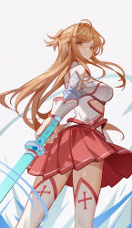 Rule 34 | 1girl, absurdres, armor, asuna (sao), bare shoulders, breastplate, brown eyes, brown hair, commentary request, dress, highres, holding, holding sword, holding weapon, lambent light, long hair, looking at viewer, looking back, luai, rapier, red skirt, skirt, sword, sword art online, thighhighs, very long hair, weapon, white armor, white dress, white thighhighs
