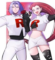 Rule 34 | 1boy, 1girl, bad id, bad twitter id, black footwear, black gloves, boots, closed mouth, commentary, creatures (company), cropped jacket, earrings, elbow gloves, eyelashes, flower, game freak, gloves, green eyes, grey eyes, hand up, holding, holding flower, jacket, james (pokemon), jessie (pokemon), jewelry, kyou (ningiou), logo, long hair, looking at viewer, miniskirt, nintendo, outstretched arm, pants, pencil skirt, pokemon, pokemon (anime), pokemon (classic anime), purple hair, red flower, red hair, rose, skirt, skirt set, smile, team rocket, team rocket uniform, thigh boots, thighhighs, tight skirt, white jacket, white pants, white skirt