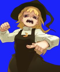 Rule 34 | 1boy, absurdres, black dress, black hat, blonde hair, blue background, bright pupils, commentary request, cookie (touhou), cowboy shot, crescent, crescent pin, dinoswift, dress, gogogo (cookie), hat, highres, incoming attack, incoming punch, kirisame marisa, long hair, long sleeves, looking at viewer, open mouth, pinafore dress, pointing, pointing at viewer, punching, red eyes, sharp teeth, shirt, simple background, sleeveless, sleeveless dress, solo, teeth, touhou, white pupils, white shirt, witch hat