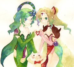 Rule 34 | 1990s (style), blonde hair, final fantasy, final fantasy iv, green hair, heart, heart hands, heart hands duo, heart in heart hands, retro artstyle, rosa farrell, rydia (ff4), thighhighs