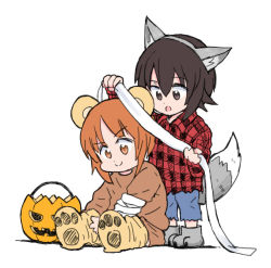 Rule 34 | 2girls, animal ears, arm up, bear ears, blue pants, boko (girls und panzer), boko (girls und panzer) (cosplay), brown eyes, brown hair, brown pants, brown shirt, closed mouth, collared shirt, commentary, cosplay, fake animal ears, fake tail, girls und panzer, grey footwear, halloween, halloween bucket, halloween costume, holding, holding bandages, looking at another, multiple girls, mutsu (layergreen), nishizumi miho, open mouth, pants, paw shoes, plaid, plaid shirt, red shirt, shirt, short hair, siblings, sisters, sitting, smile, standing, tail, wolf ears, wolf tail