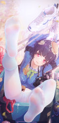 Rule 34 | 1girl, arms up, binoculars, black hair, blue archive, blue shirt, blunt bangs, feet, food, food on clothes, food on head, gloves, gun, highres, icecake, leaf, leaf on head, long sleeves, looking at viewer, miyu (blue archive), no shoes, object on head, pantyhose, parted lips, red eyes, school uniform, serafuku, shirt, shoes, unworn shoes, soles, solo, weapon, white gloves, white pantyhose