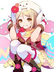 Rule 34 | 1girl, animal hat, aoisu ao, blonde hair, braid, braided ponytail, brown gloves, easter, easter egg, egg, expressive clothes, fire emblem, fire emblem engage, fire emblem heroes, flower ornament, framme (fire emblem), framme (spring) (fire emblem), gloves, hair over shoulder, hat, highres, nintendo, official alternate costume, pantyhose, pink hair, rabbit hat, scarf, smile, solo, white pantyhose, yellow eyes, yellow scarf