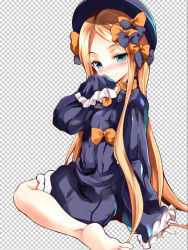 Rule 34 | 1girl, abigail williams (fate), barefoot, black bow, black dress, black hat, blonde hair, bloomers, blue eyes, blush, bow, checkered background, closed mouth, commentary request, dress, fate/grand order, fate (series), feet, forehead, hair bow, hand up, hat, head tilt, l-trap, long hair, long sleeves, looking at viewer, looking to the side, nose blush, orange bow, parted bangs, polka dot, polka dot bow, sleeves past fingers, sleeves past wrists, smile, soles, solo, toes, underwear, very long hair, white bloomers