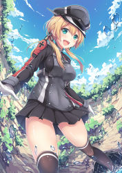 Rule 34 | 10s, 1girl, anchor hair ornament, aqua eyes, black ribbon, blonde hair, cloud, cloudy sky, cross, day, fisheye, gloves, gluteal fold, hair ornament, hat, iron cross, kantai collection, kneehighs, long hair, long sleeves, low twintails, military, military hat, military uniform, peaked cap, pleated skirt, prinz eugen (kancolle), ribbon, skirt, sky, socks, solo, splashing, twintails, uniform, vashaps2, water, white gloves