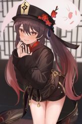Rule 34 | 1girl, black nails, blush, brown hair, chinese clothes, cowboy shot, closed eyes, flower, genshin impact, ghost, gradient hair, hat, hat flower, highres, hu tao (genshin impact), jewelry, leaning forward, long hair, long sleeves, looking at viewer, multicolored hair, nail polish, red eyes, red hair, ring, short shorts, shorts, sleeves past wrists, smile, solo, star-shaped pupils, star (symbol), symbol-shaped pupils, tailcoat, top hat, twintails, two-tone hair, very long hair, yuutii