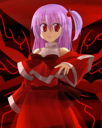 Rule 34 | 1girl, bare shoulders, dress, female focus, hair bobbles, hair ornament, kazami ruku, long hair, multiple wings, mystic square, purple hair, red dress, red eyes, red theme, shinki (touhou), side ponytail, solo, touhou, touhou (pc-98), wings