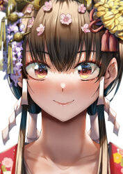 1girl brown_eyes brown_hair chinese_knot closed_mouth collarbone commentary_request flower hair_between_eyes hair_flower hair_ornament hair_stick hair_tubes highres japanese_clothes kimono looking_at_viewer original pink_flower portrait purple_flower red_kimono ryouma_(galley) sidelocks simple_background smile solo straight-on white_background