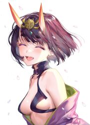 Rule 34 | 1girl, breasts, closed eyes, fangs, fate/grand order, fate (series), highres, horns, kaguyuzu, oni, open mouth, pointy ears, purple hair, short hair, shuten douji (fate), small breasts, smile, solo, teeth, tongue, twitter username, upper body, watermark