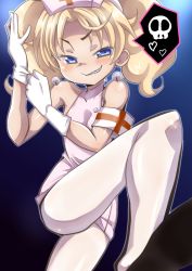 Rule 34 | 1girl, armlet, bare shoulders, blonde hair, blue eyes, blush, evil grin, evil smile, from above, glove pull, gloves, grin, heart, jewelpet (series), jewelpet twinkle, latex, latex gloves, leg up, looking at viewer, looking down, miria marigold mackenzie, nami makoto, nurse, pantyhose, parted lips, sharp teeth, short twintails, simple background, skull, sleeveless, smile, smirk, solo, speech bubble, teeth, twintails, white gloves
