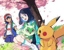 Rule 34 | 1boy, 1girl, :d, ash ketchum, ayo (ayosanri009), black hair, black shorts, commentary request, cowlick, creatures (company), falling leaves, game freak, gen 1 pokemon, grass, green eyes, green jacket, hair ornament, hairclip, happy, jacket, leaf, liko (pokemon), nintendo, on lap, open clothes, open jacket, open mouth, pikachu, pokemon, pokemon (anime), pokemon (creature), pokemon horizons, pokemon journeys, pokemon on lap, shirt, shoes, shorts, sitting, smile, socks, sprigatito, teeth, tree, upper teeth only, white footwear, white shirt, white socks