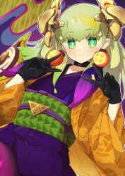 Rule 34 | 1other, absurdres, androgynous, blonde hair, double v, duel monster, ear ornament, earrings, fake horns, gloves, green eyes, green hair, highres, horns, japanese clothes, jewelry, kimono, long sleeves, looking at viewer, noh-p.u.n.k. ze amin, pantyhose, purple pantyhose, short kimono, solo, urasuka, v, very long sleeves, yu-gi-oh!