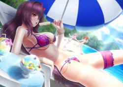 Rule 34 | 3girls, beach, beach chair, beach umbrella, bikini, blurry, blurry background, blurry foreground, bracelet, breasts, cloud, day, dutch angle, fate/grand order, fate (series), food, forest, fujimaru ritsuka (female), fujimaru ritsuka (female) (brilliant summer), hair over one eye, jewelry, looking to the side, lying, masatoki, mash kyrielight, mash kyrielight (swimsuit of perpetual summer), medium breasts, mountain, multiple girls, nature, official alternate costume, on back, orange hair, outdoors, parfait, popsicle, purple eyes, purple hair, running, scathach (fate), sexually suggestive, shaved ice, shielder, side-tie bikini bottom, sideboob, skindentation, sky, swimsuit, table, tongue, tongue out, tray, umbrella, underboob