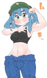 Rule 34 | 1girl, aqua eyes, armpits, blue hair, clothes around waist, eyebrows, flexing, hair bobbles, hair ornament, hat, highres, jacket, jacket around waist, jumpsuit, kawashiro nitori, key, midriff, navel, pants, short twintails, simple background, smile, solo, takeu, tank top, thick eyebrows, toned, touhou, twintails, two side up, white background