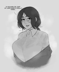Rule 34 | 1girl, bags under eyes, breasts, collared shirt, commentary, english commentary, english text, grey background, greyscale, heavy breathing, highres, krekkov, large breasts, lips, long hair, looking at viewer, low ponytail, monochrome, off-shoulder sweater, off shoulder, parted lips, pieck finger, shingeki no kyojin, shirt, solo, sweat, sweater, teeth, upper body, upper teeth only, wet, wet clothes, wet shirt